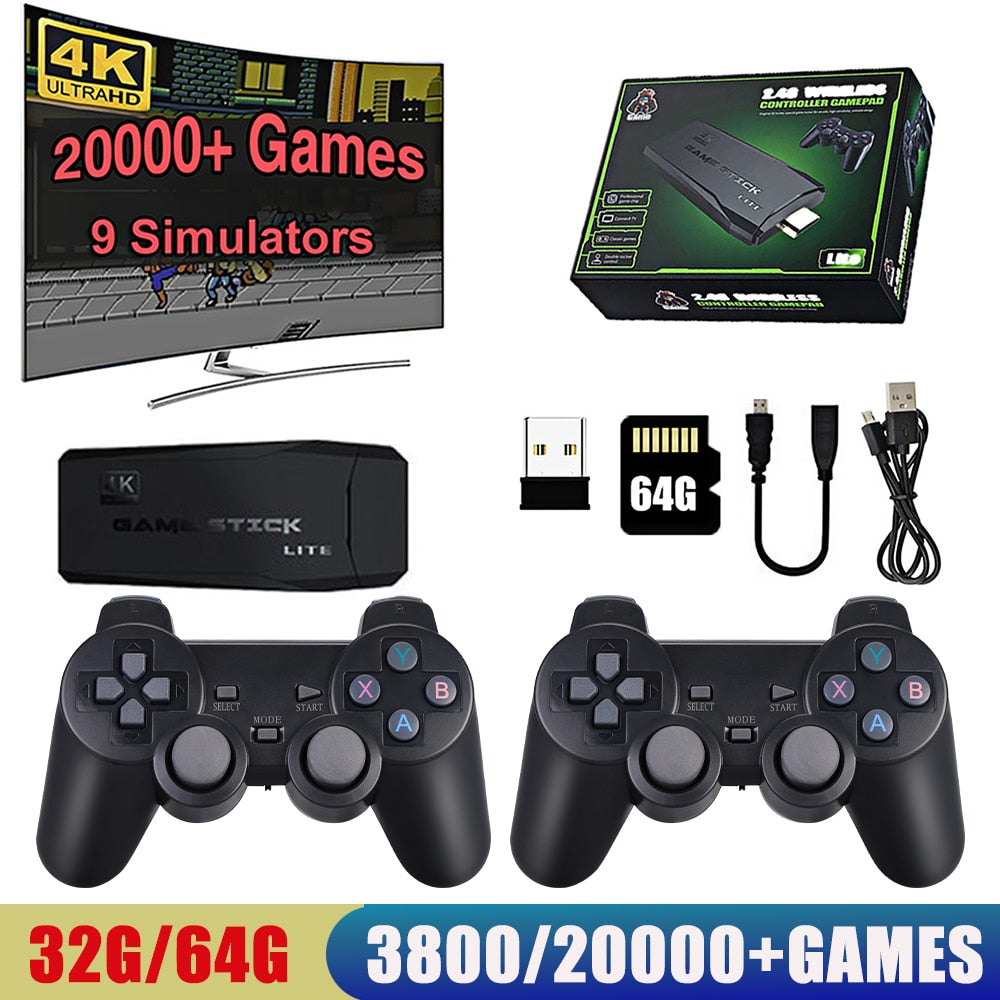 HDMI 4K TV Game Stick Console Built-in 64GB 20000+Retro Games+2 Wireless  Gamepad